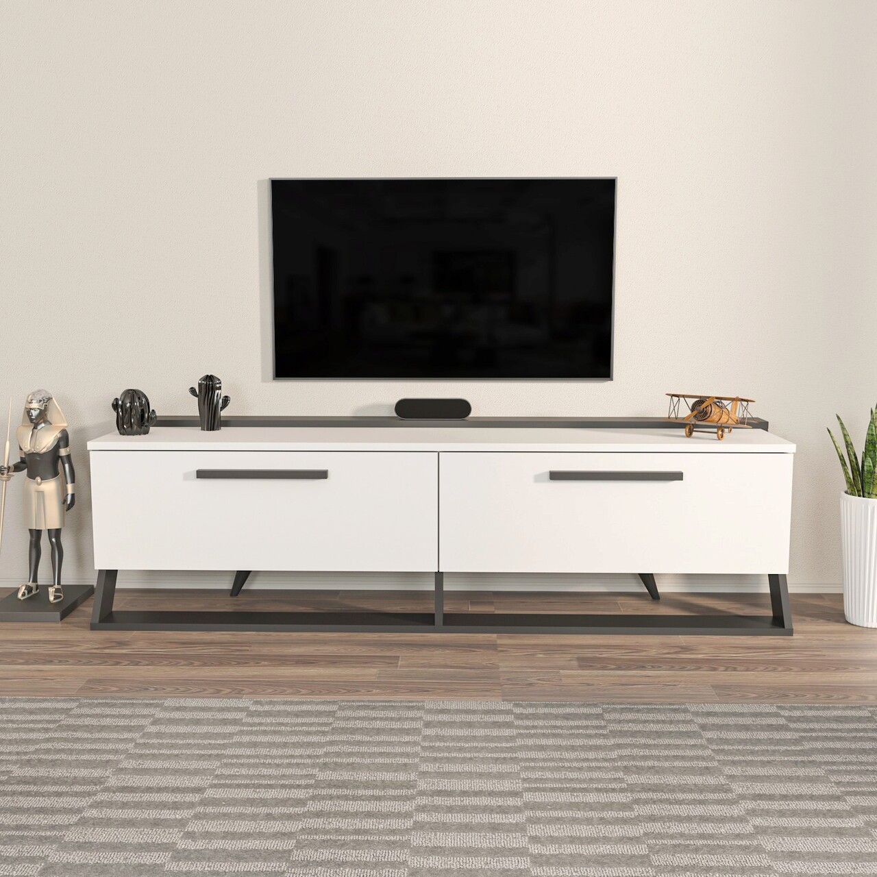 Comoda TV, Hanah Home, Astrid, 163.8x46.8x36.6 cm, Alb/Negru - imagine 6